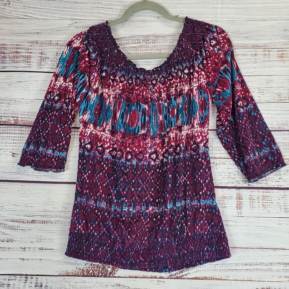 Lucky Brand Peasant Blousy Top Size M Purple Blue Paisley Geo Stretchy Boho 70's - Picture 2 of 10